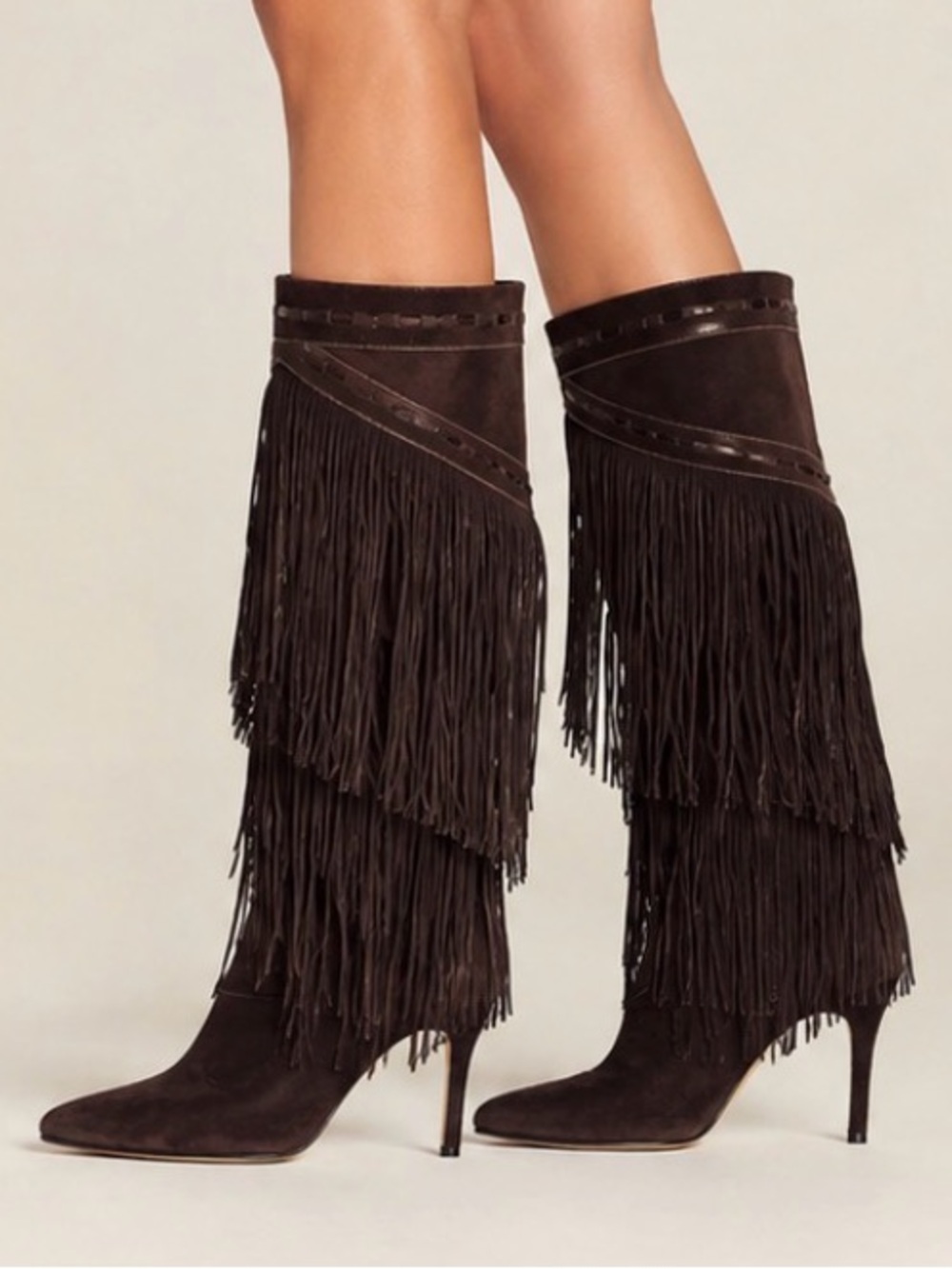 Brian Atwood Suede Dark Brown Western Fringe Knee High Boots Size 7.5